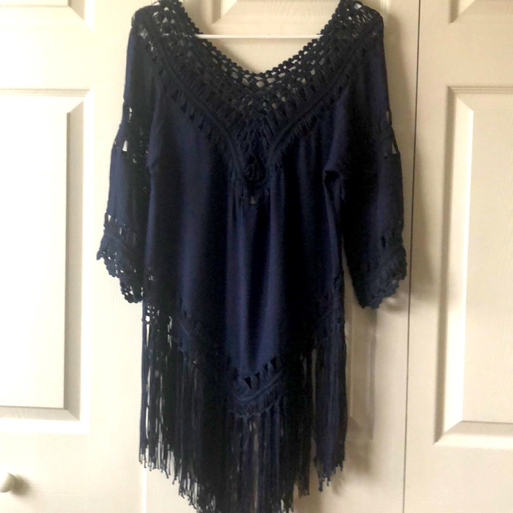 Love On Tap Boho Fringe Top Navy Blue Size M